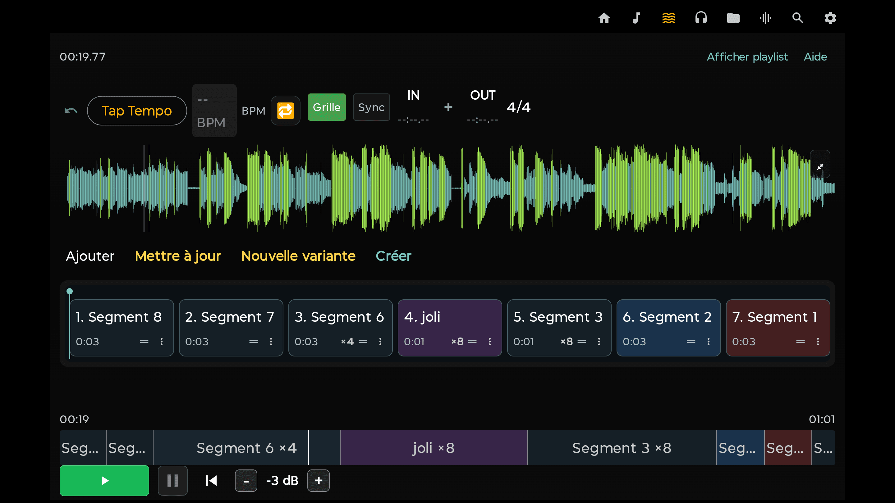 Forme d'onde, tempo et segments d'un morceau préparé dans MusiMio