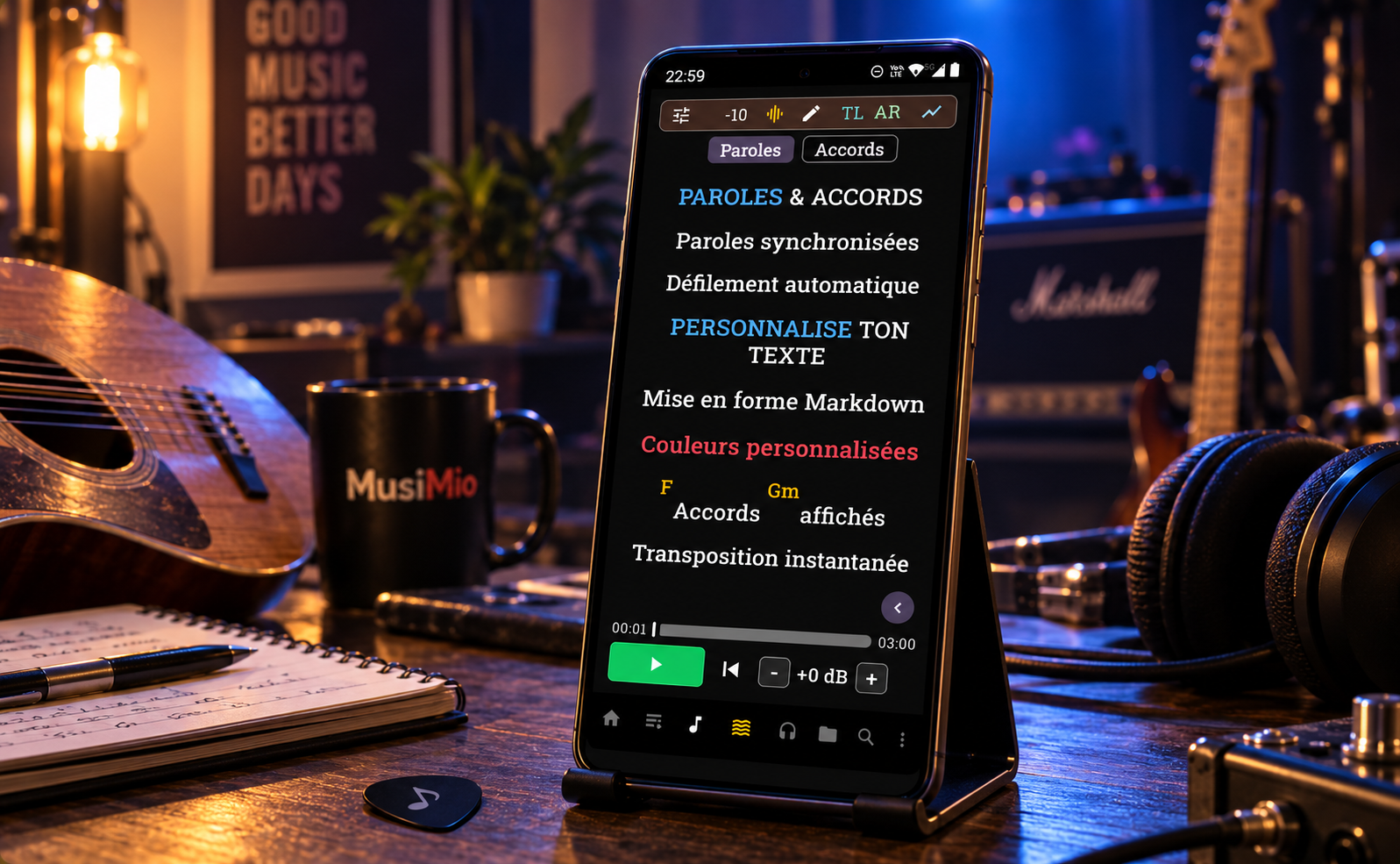 MusiMio sur smartphone avec paroles synchronisées, accords ChordPro, transposition et mise en forme Markdown