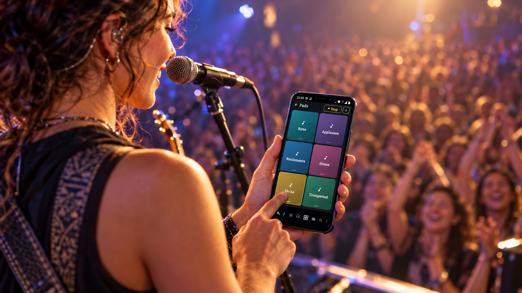 Musicienne utilisant les Pads sonores de MusiMio sur scène devant un public