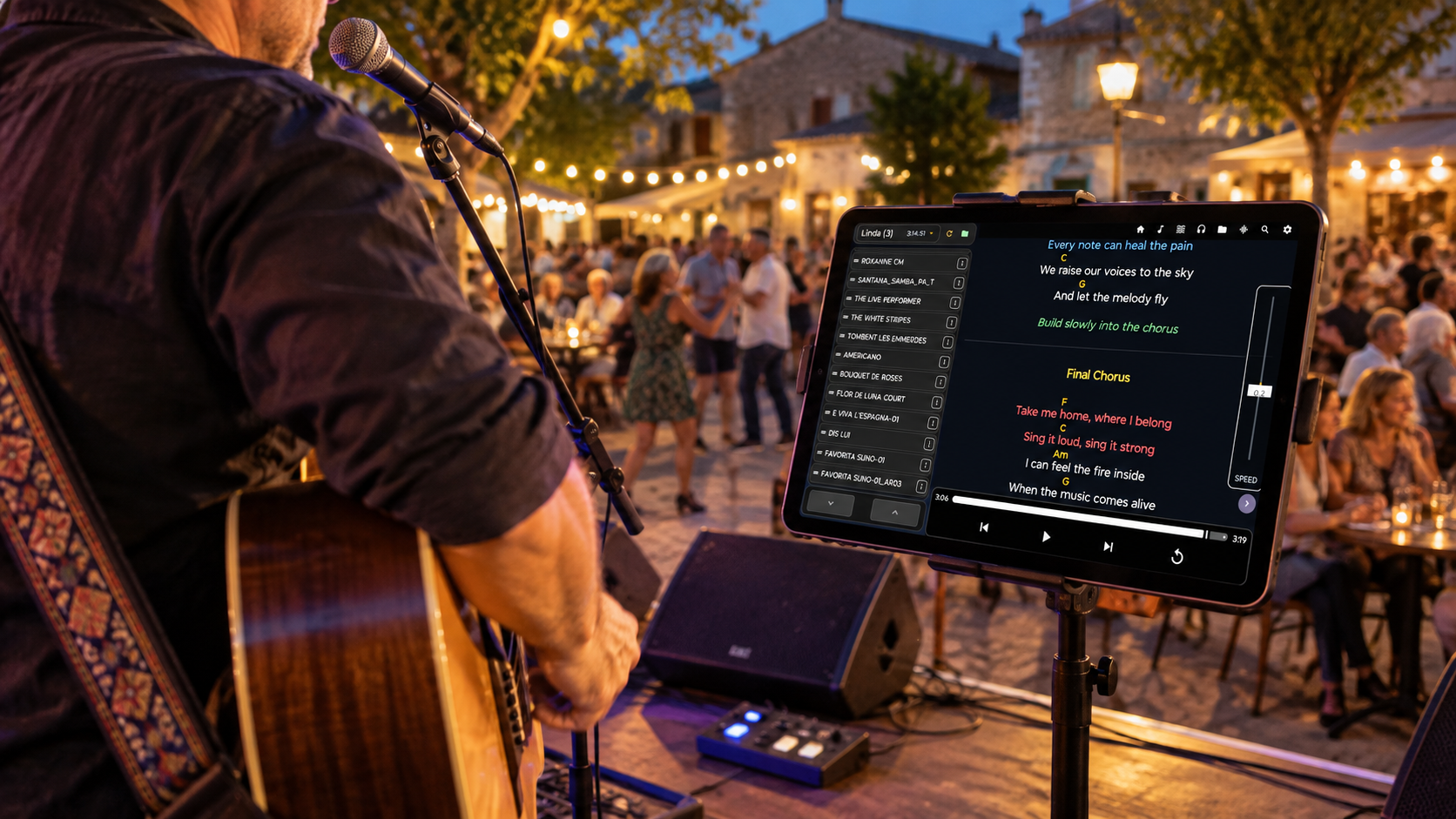 Musicien solo utilisant MusiMio sur tablette pour afficher ses paroles et accords sur scène